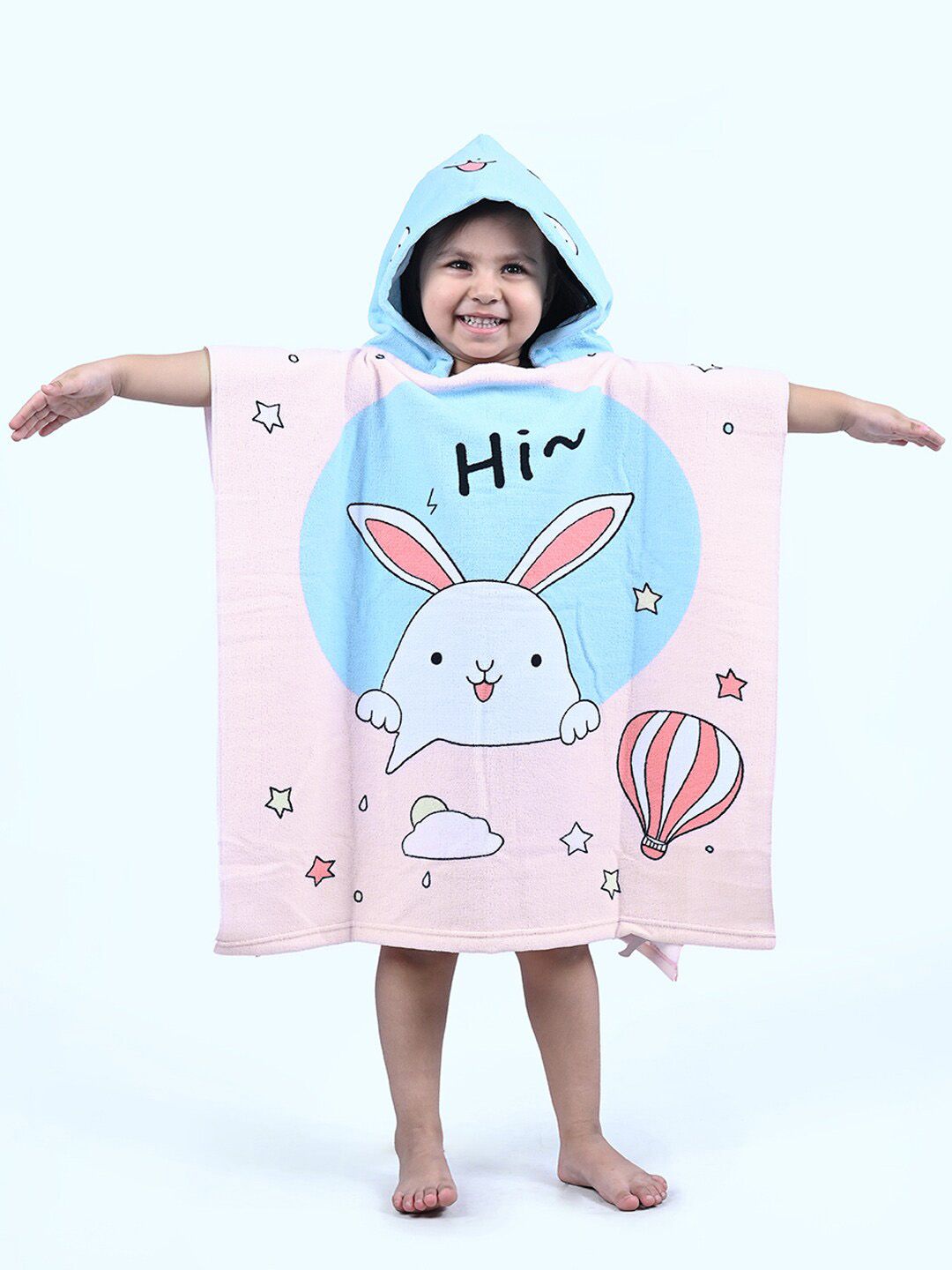 Yellow Bee Pink & Blue Printed 250 GSM Hooded Poncho Microfibre Bath Towel
