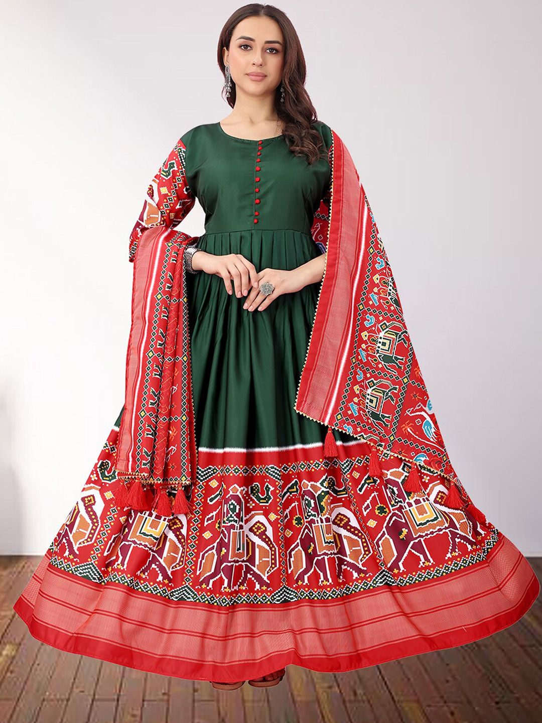 N N ENTERPRISE Women Green Printed Regular Silk Crepe Kurti with Churidar & With Dupatta Price in India