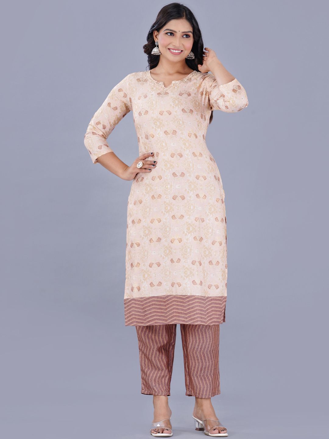 KALINI Women Brown Regular Aari Work Kurta with Trousers & With Dupatta