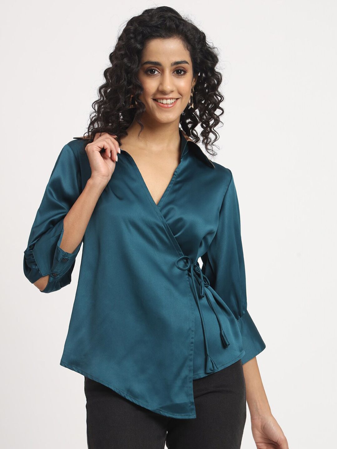 angloindu Green & Gold-Toned Puff Sleeve Wrap Top Price in India