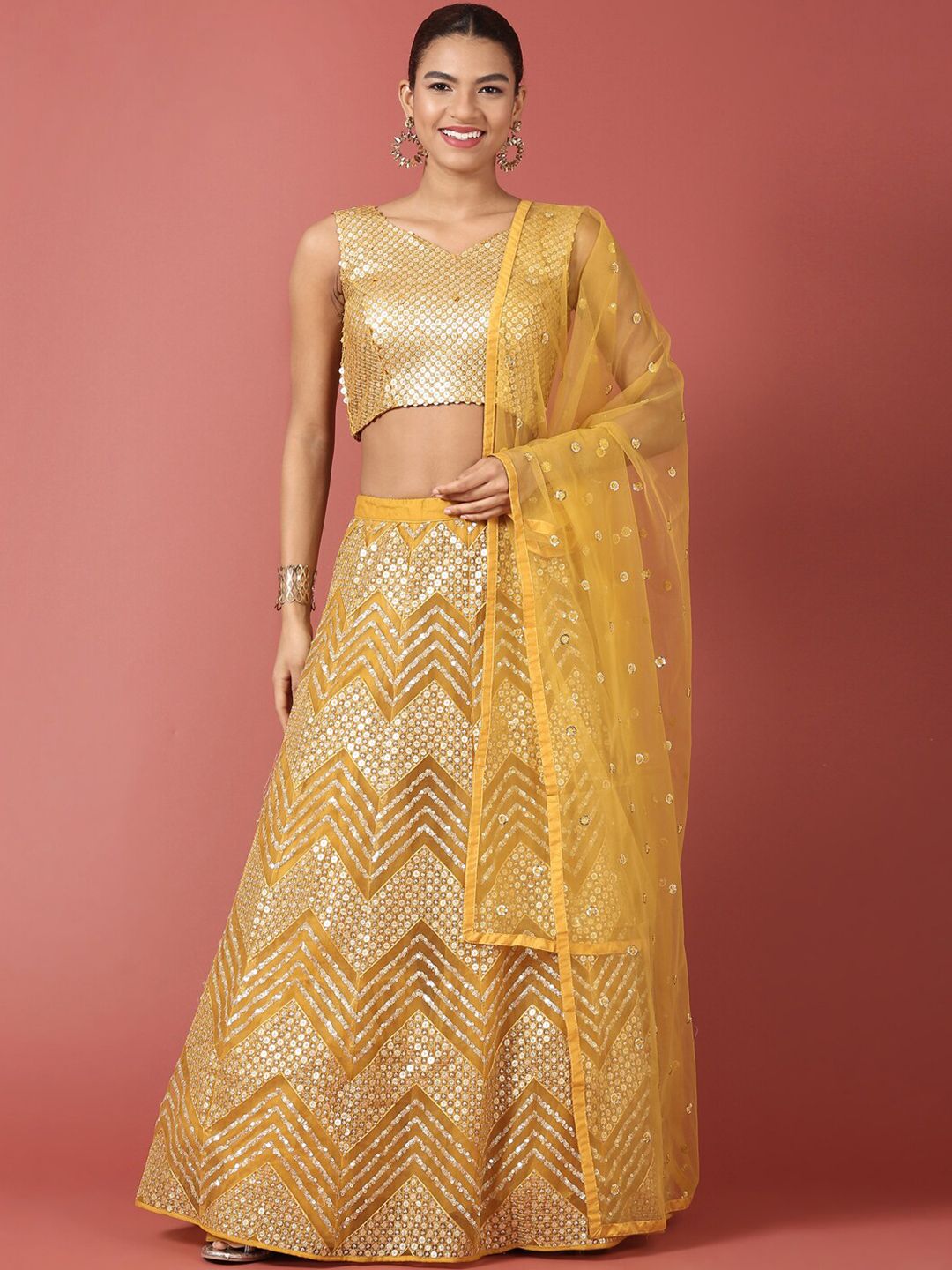 MANOHARI Mustard & Embellished Sequinned Semi-Stitched Lehenga & Unstitched Blouse With Dupatta