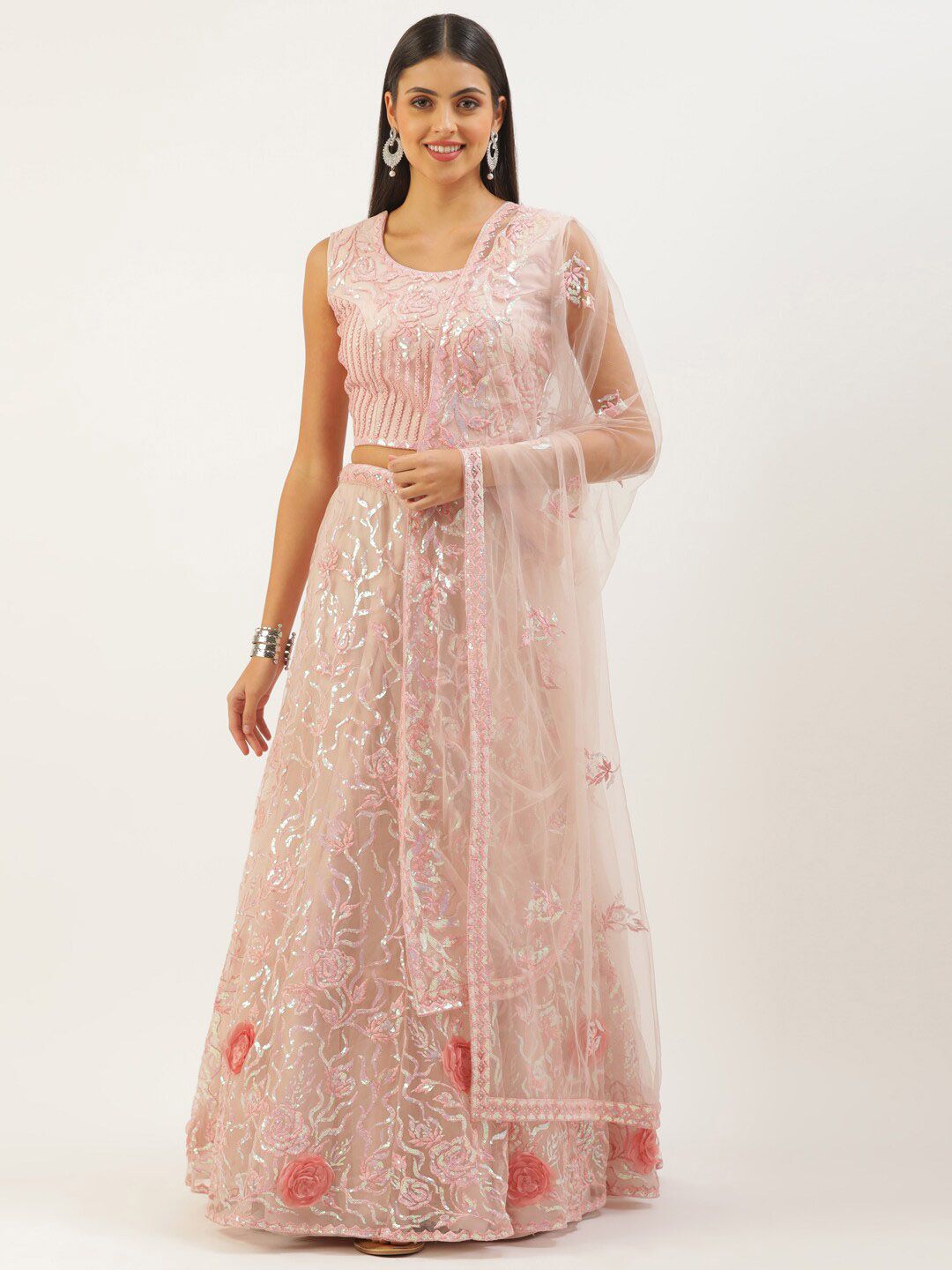MANOHARI Coral & Embellished Sequinned Semi-Stitched Lehenga & Unstitched Blouse With Dupatta Price in India