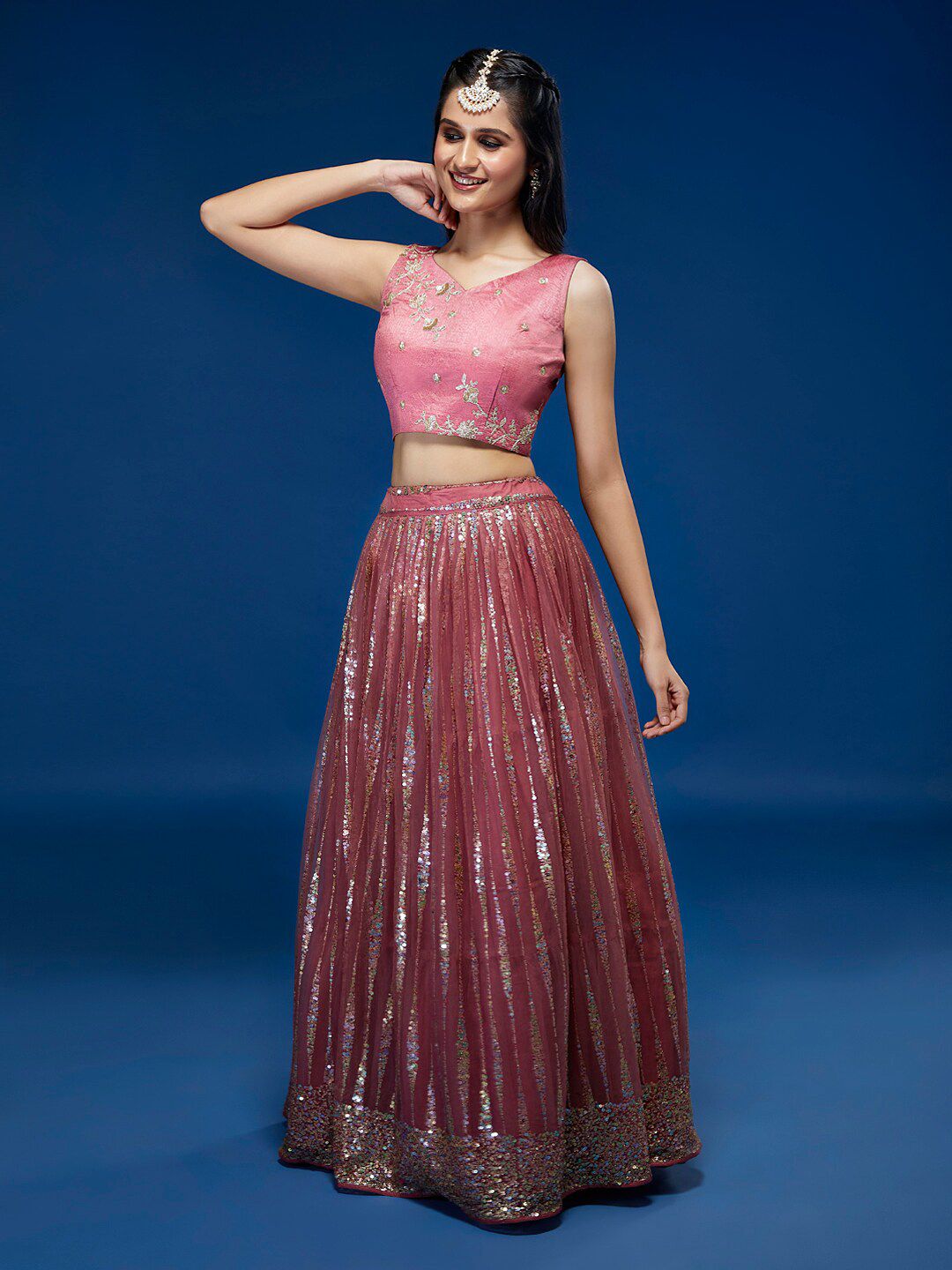 MANOHARI Rose Gold & Embellished Sequinned Semi-Stitched Lehenga & Unstitched Blouse With Dupatta Price in India