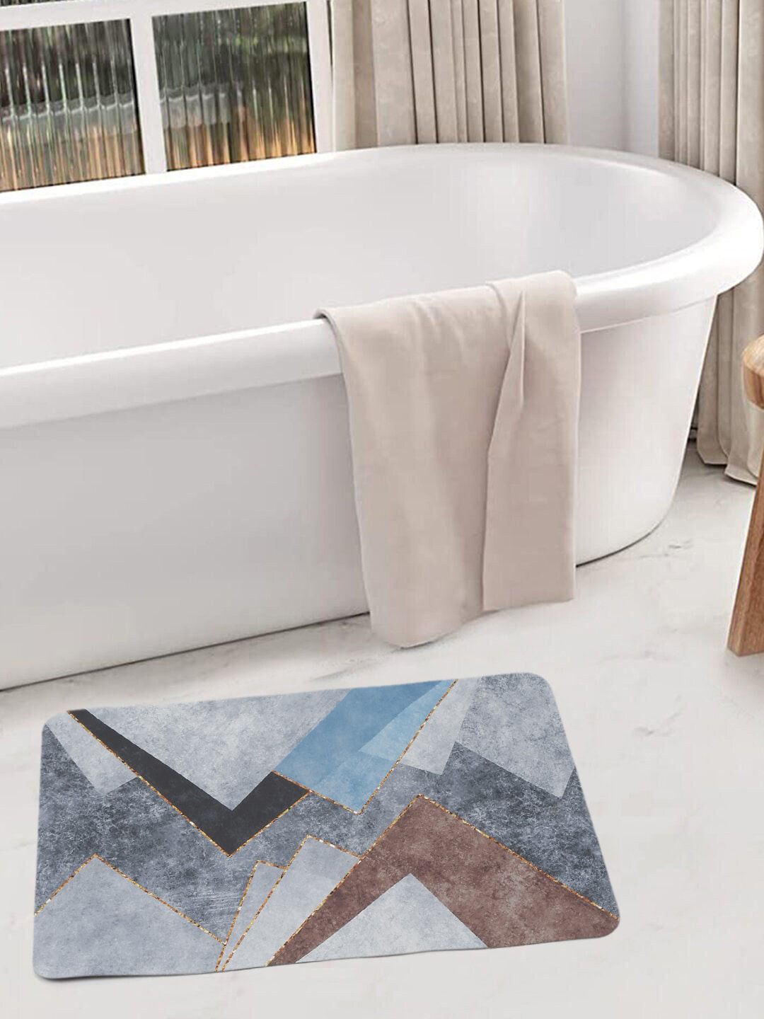 HOSTA HOMES Blue Printed Anti-Skid Cotton Bath Rug