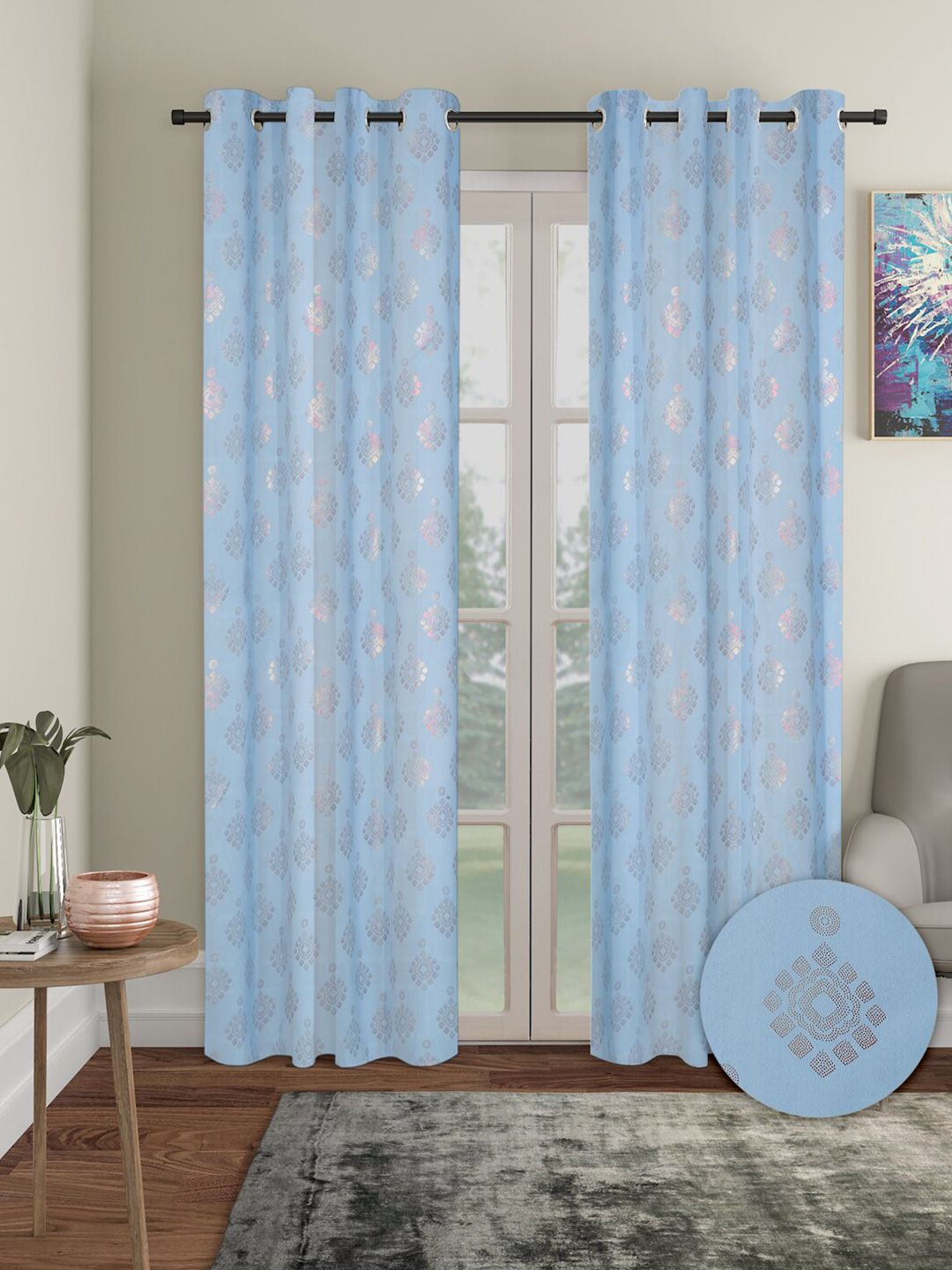 Aura Blue 2 Pieces Polyester Ethnic Motif Blackout Long Door Curtains