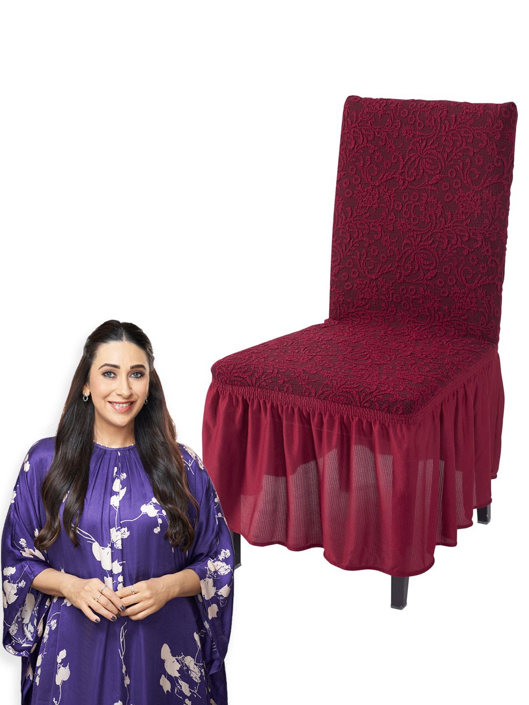 HOKIPO Maroon Floral Frill Stretchable Chair Cover