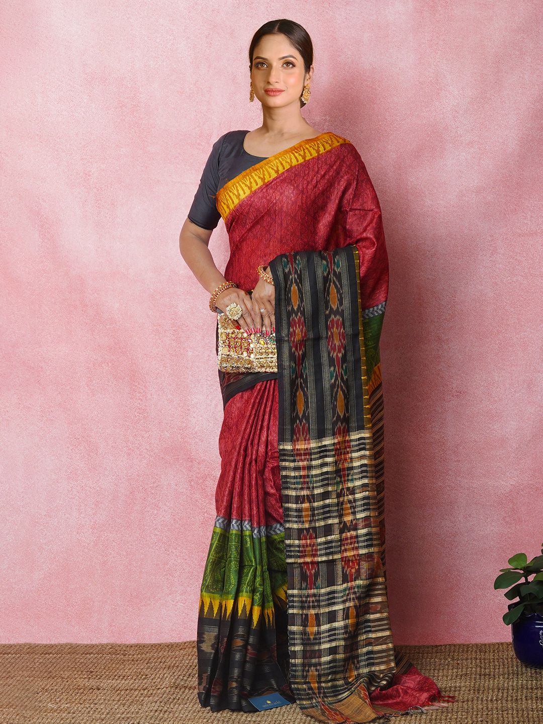 Unnati Silks Burgundy Ethnic Motifs Pure Silk Handloom Tussar Saree