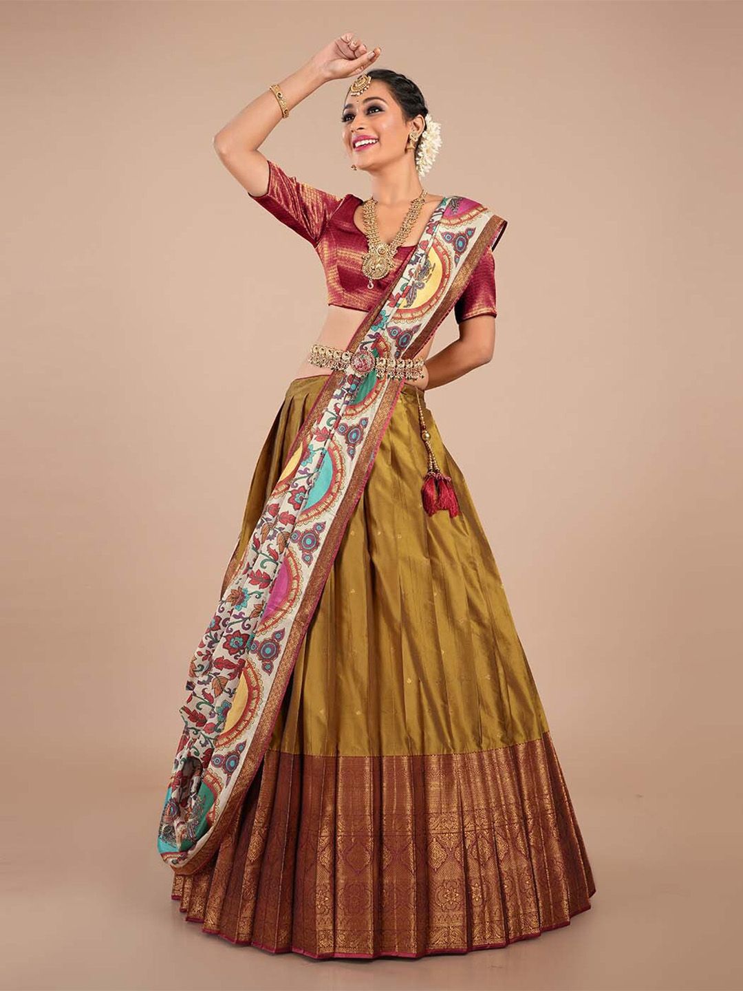 HALFSAREE STUDIO Mustard & Maroon Semi-Stitched Lehenga & Unstitched Blouse With Dupatta