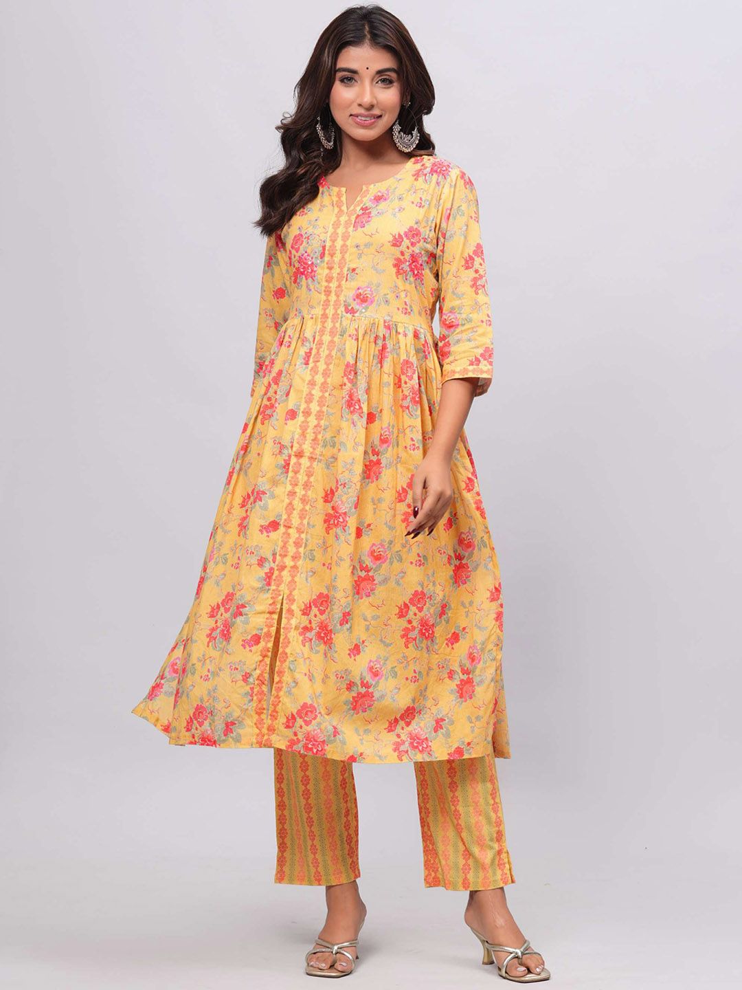 Shikhaa Style Women Yellow Floral Printed Regular Gotta Patti Pure Cotton Kurta with Trousers Price in India
