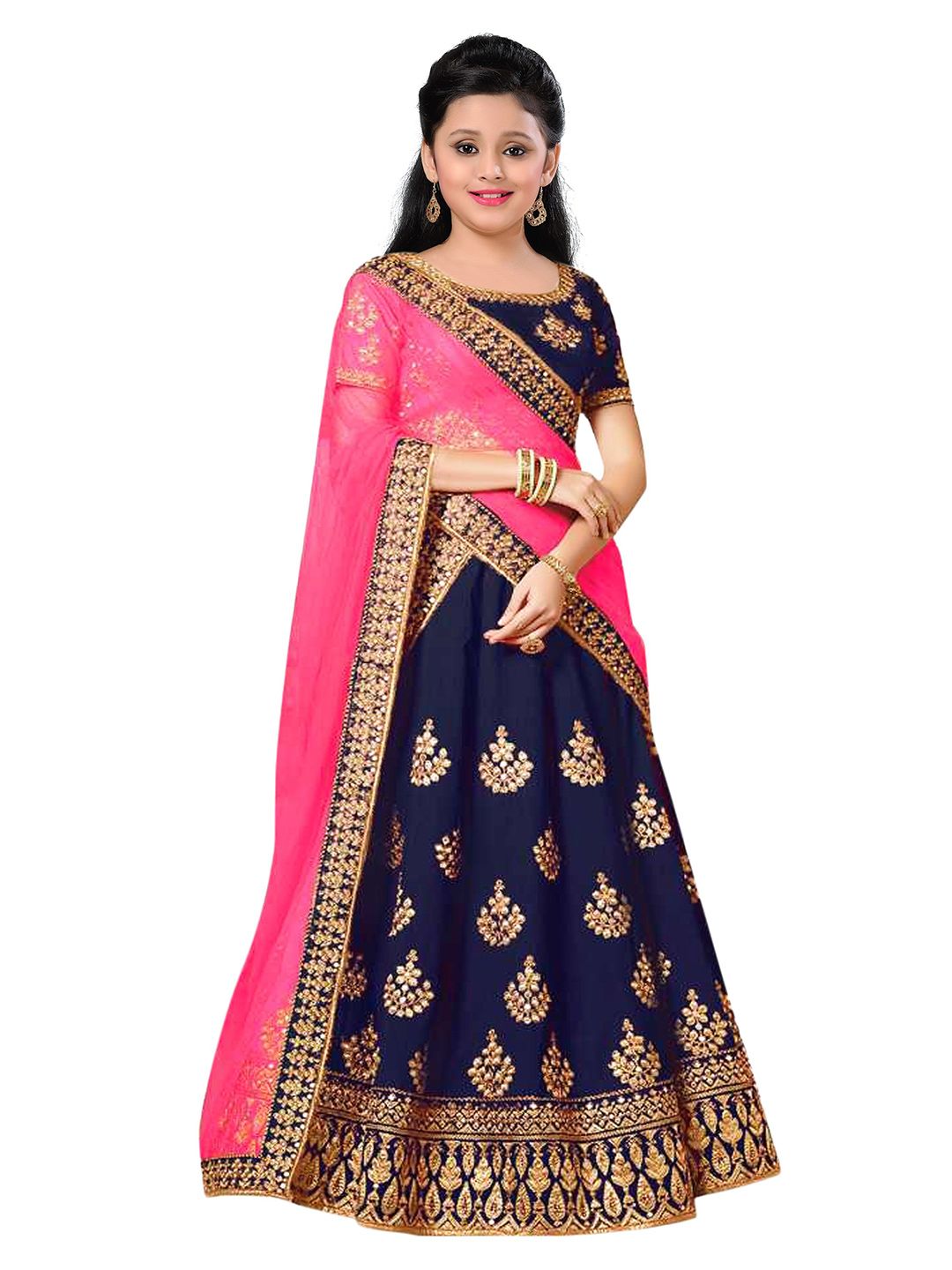 WTWC FAB Girls Blue Embroidered Semi-Stitched Lehenga & Unstitched Blouse With Dupatta Price in India