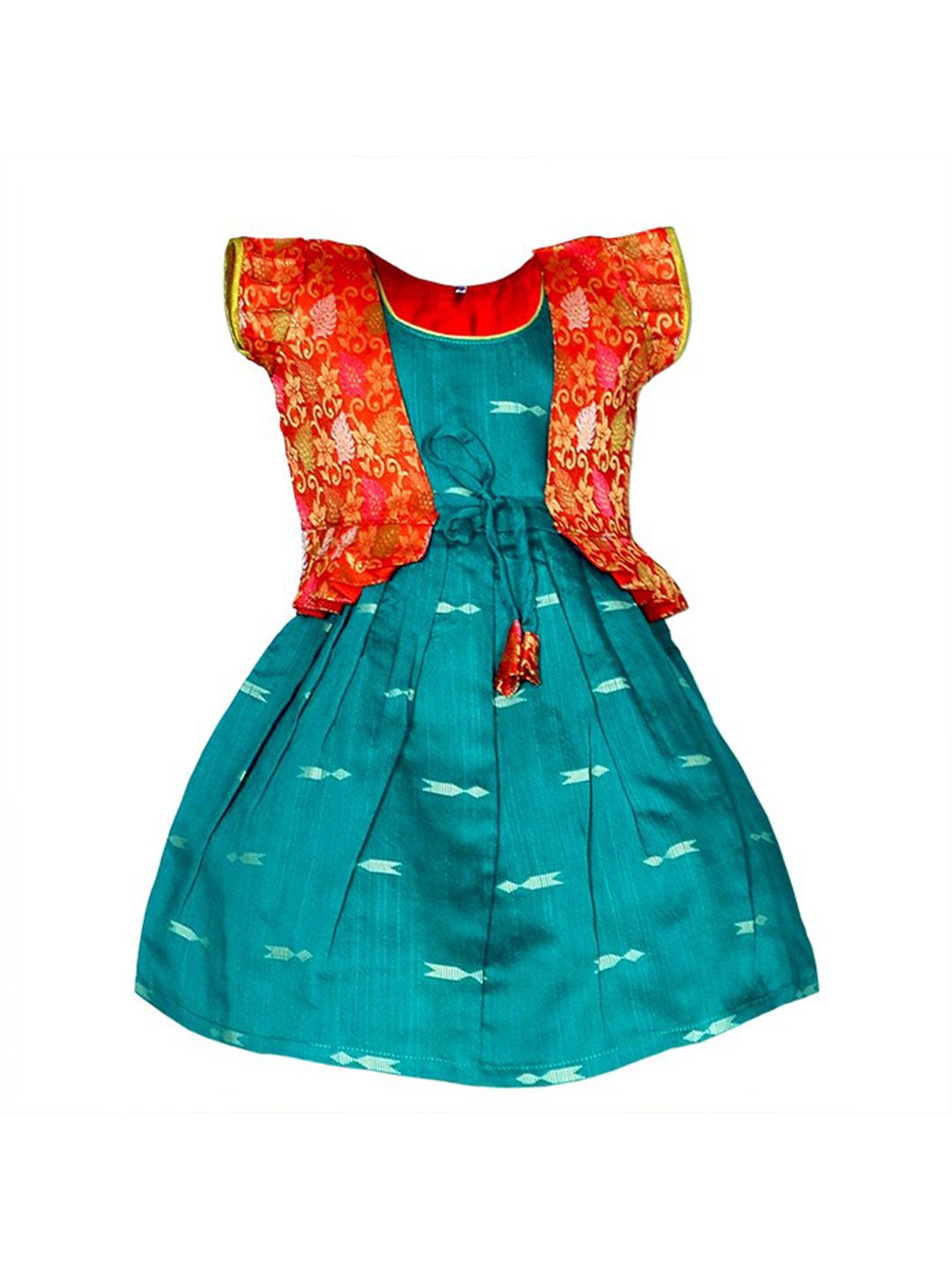 BAESD Girls Ethnic Motifs Woven Design Silk Cotton Fit & Flare Ethnic Dress With Shrug