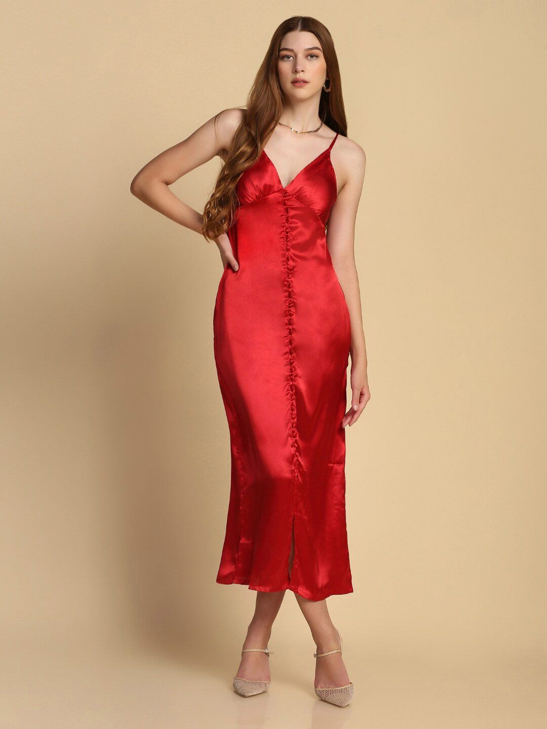 STARIN Red Satin Bodycon Maxi Dress