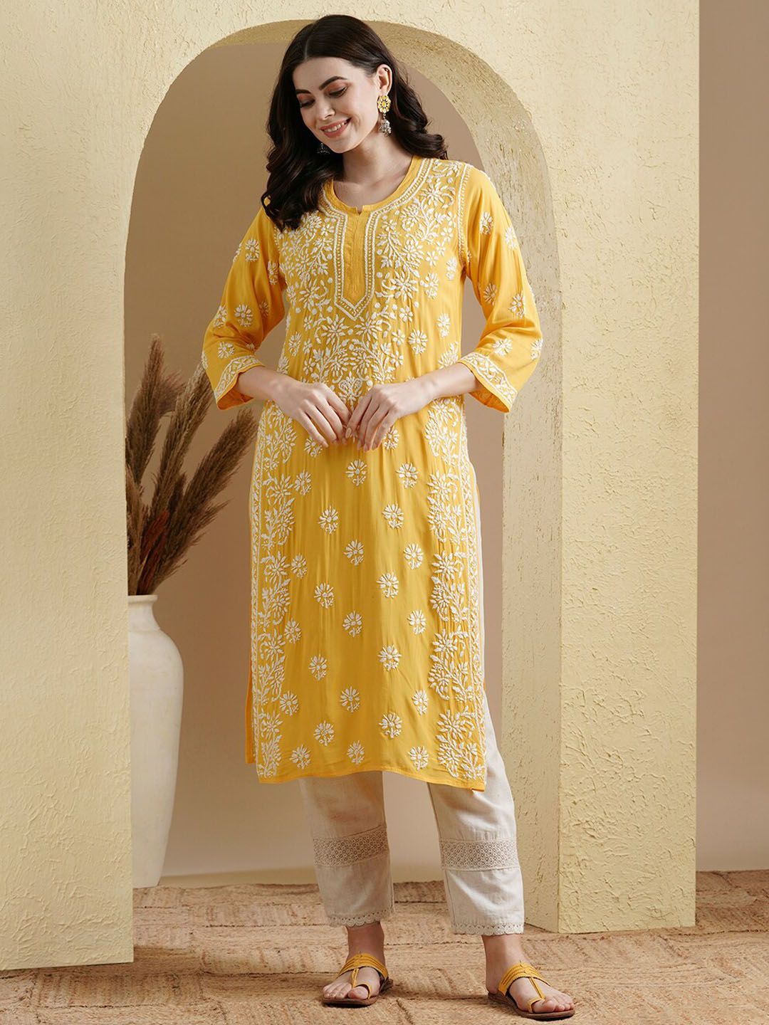 ADA Women Yellow & White Ethnic Motifs Embroidered Chikankari Kurta