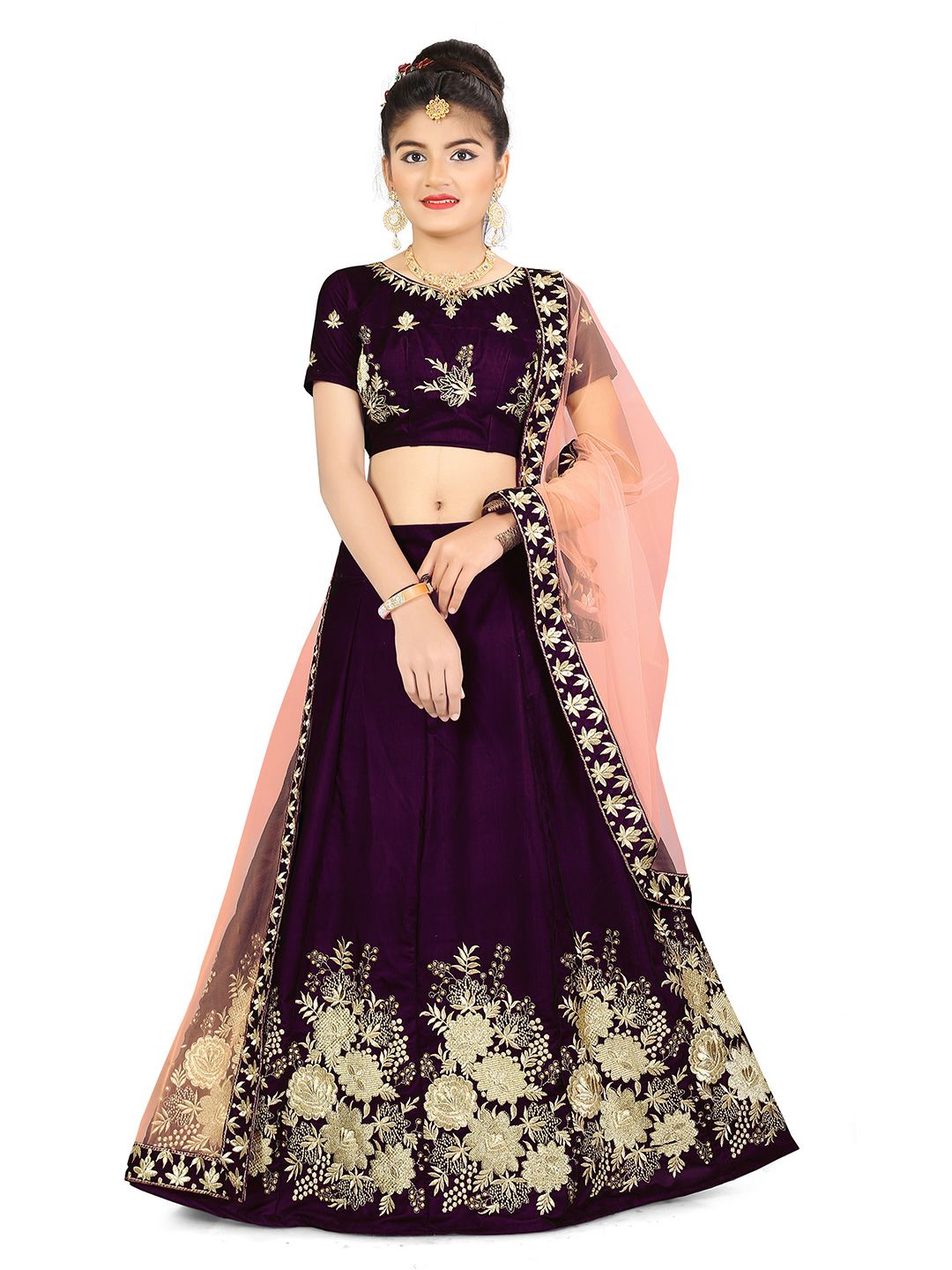 WTWC FAB Girls Purple Embroidered Semi-Stitched Lehenga & Unstitched Blouse With Dupatta Price in India