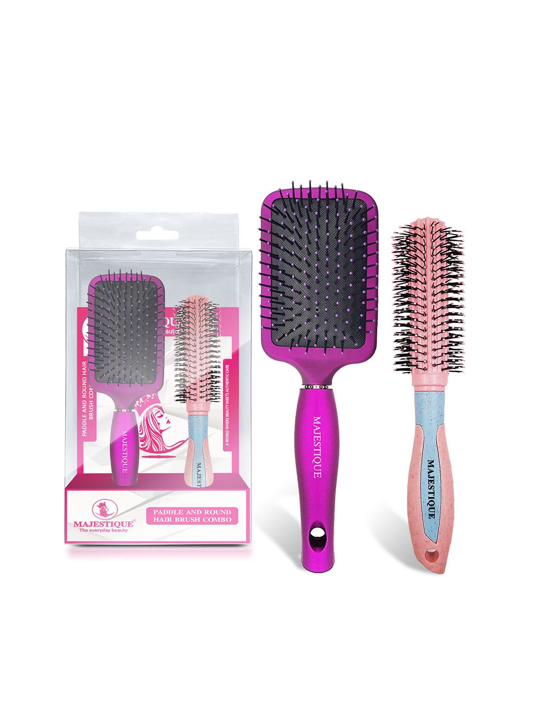 MAJESTIQUE 2-Pcs Paddle & Round Hair Brush Set For Blow Drying & Styling