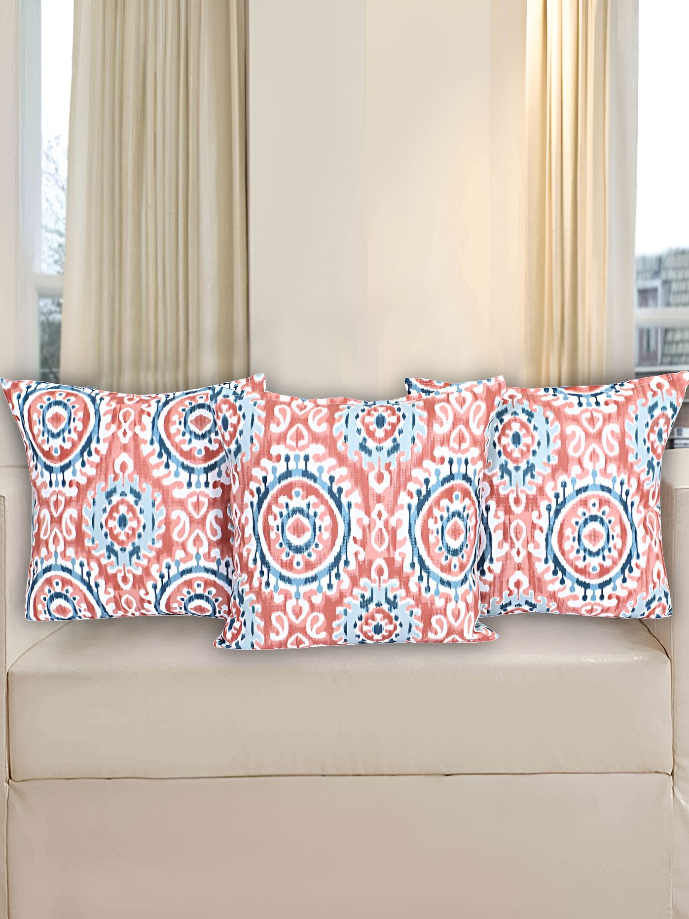 Texstylers Red & Blue 3 Pieces Printed Cotton Square Reversible Cushion Covers