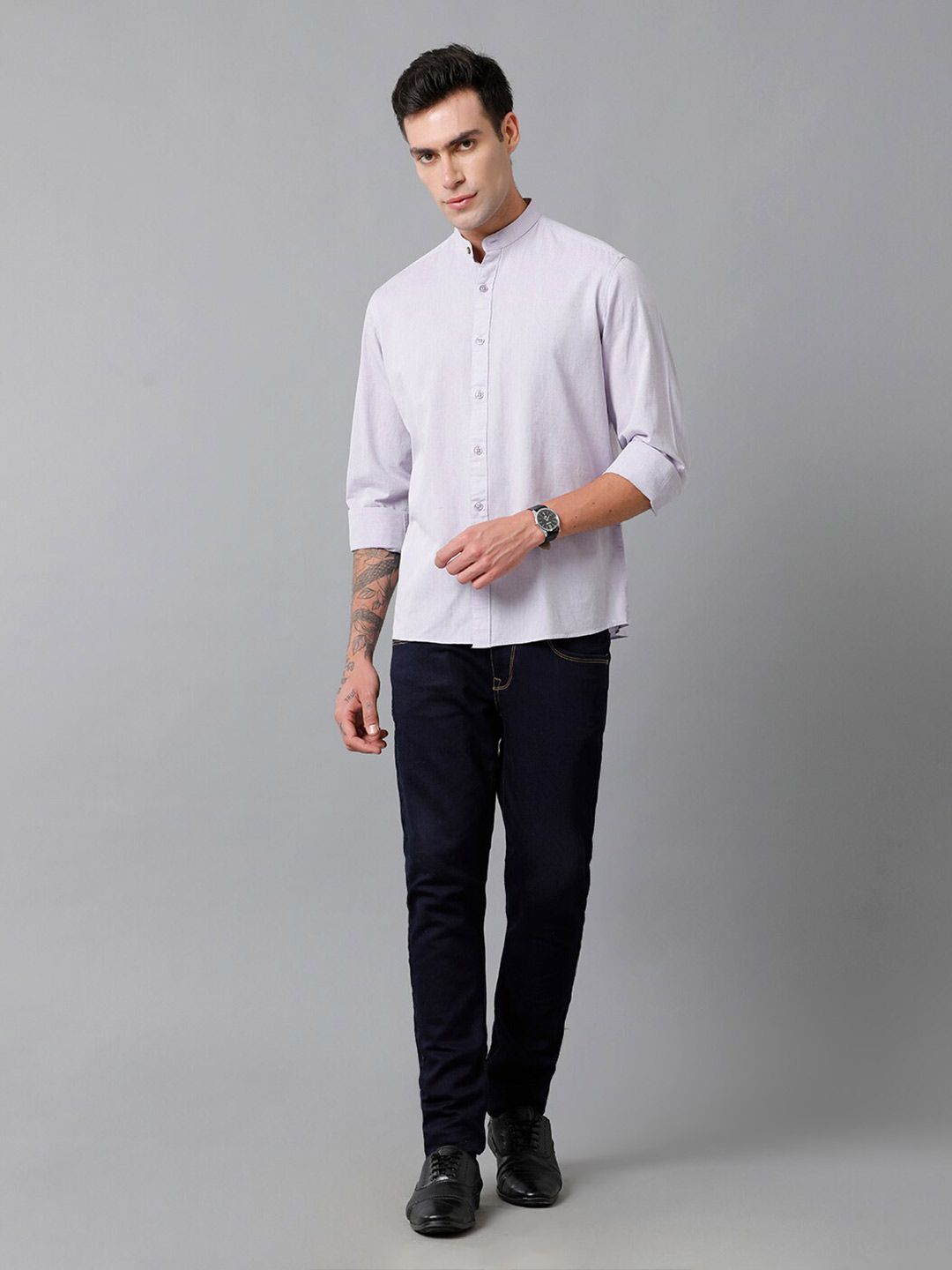 Buy CAVALLO by Linen Club Contemporary Slim Fit Band Collar Cotton