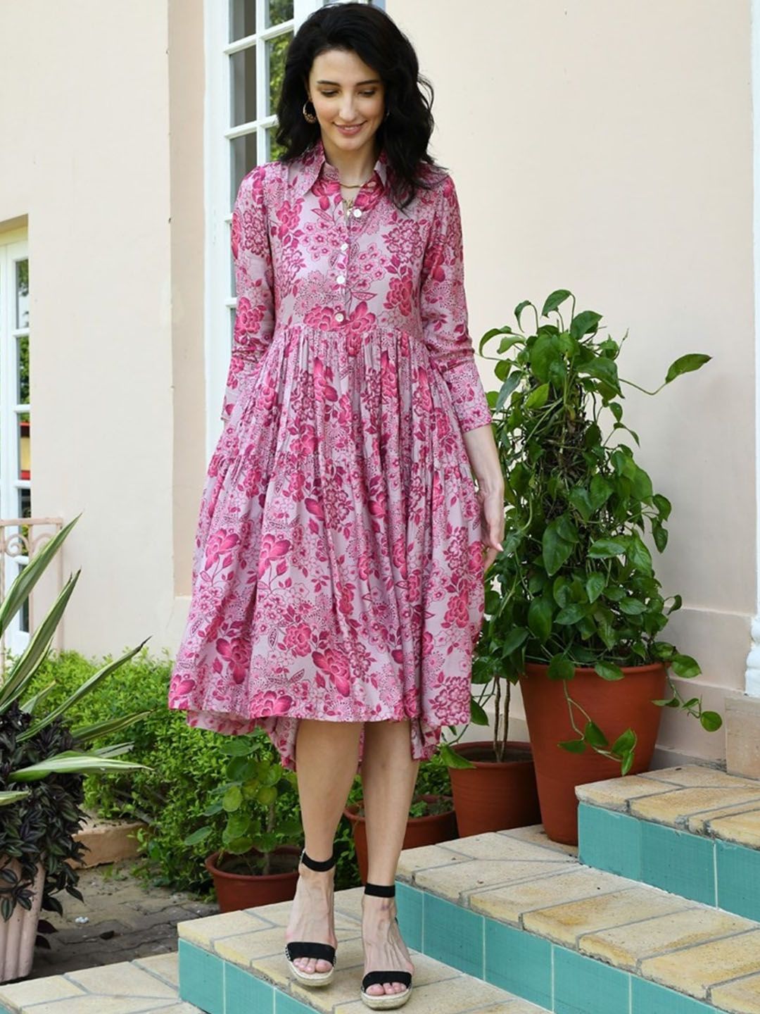 KARAJ JAIPUR Pink Floral Print A-Line Midi Dress Price in India