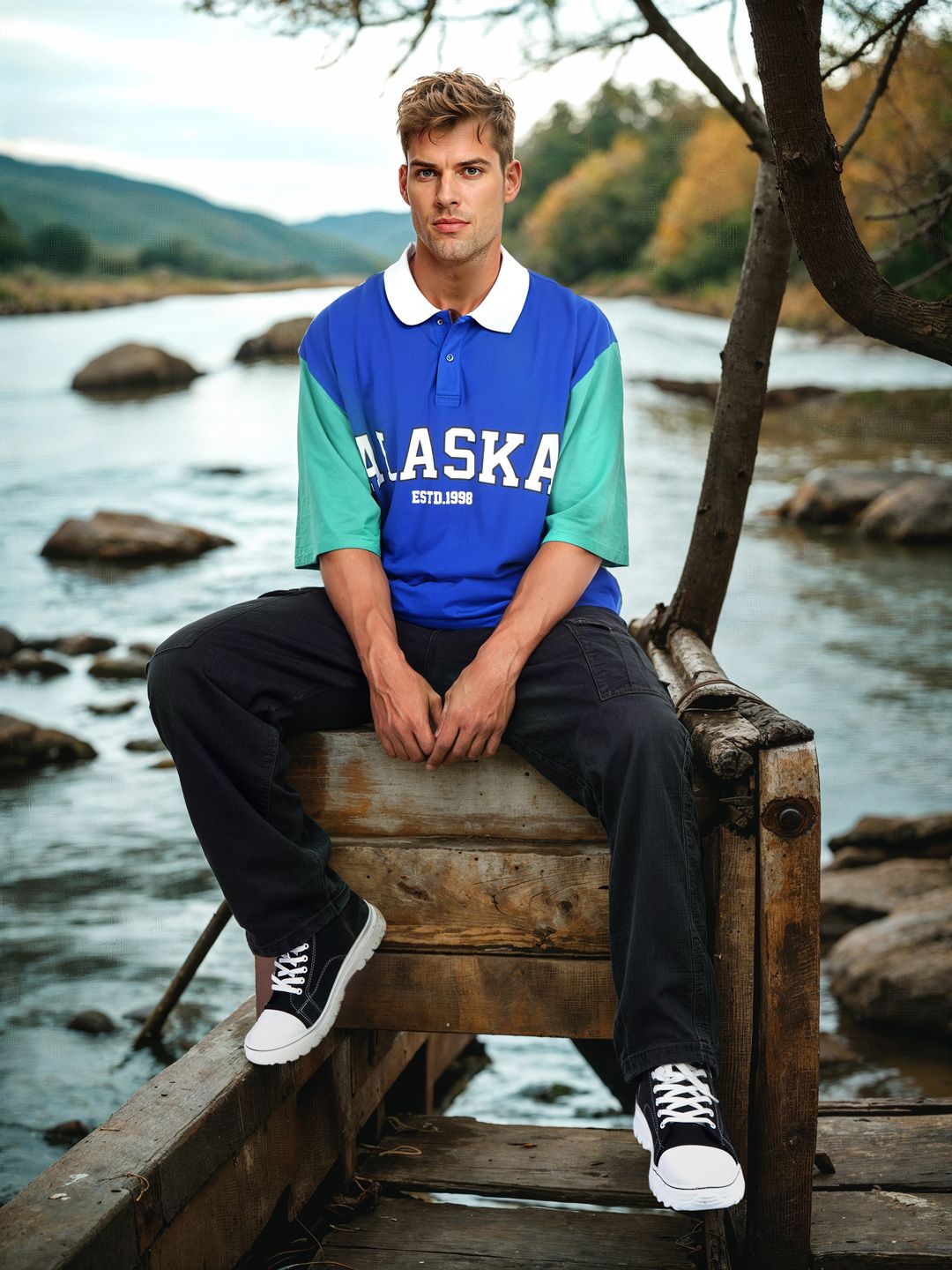 HERE&NOW Typography Printed Polo Collar Drop-Shoulder Sleeves Pure Cotton T-shirt