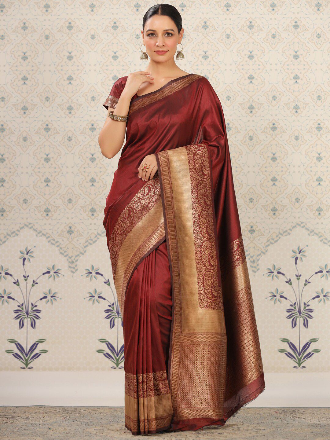 Ode by House of Pataudi Maroon Woven Design Zari Silk Blend Designer Banarasi Saree Price in India