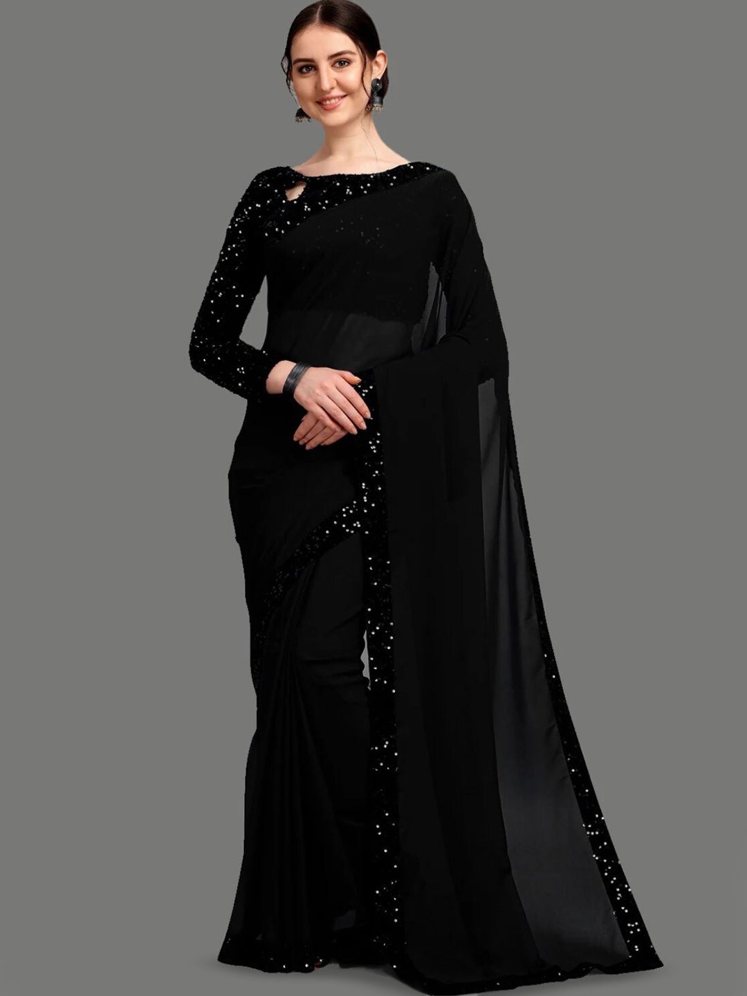 APNISHA Black Pure Georgette Saree Price in India