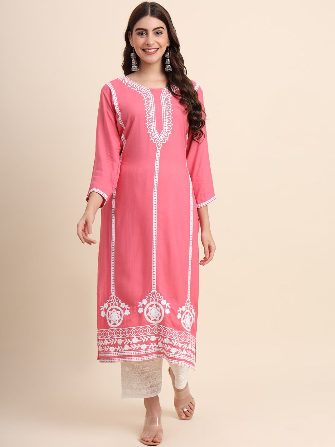VAIRAGEE Women Pink Embroidered Regular Thread Work Kurta with Palazzos Price in India