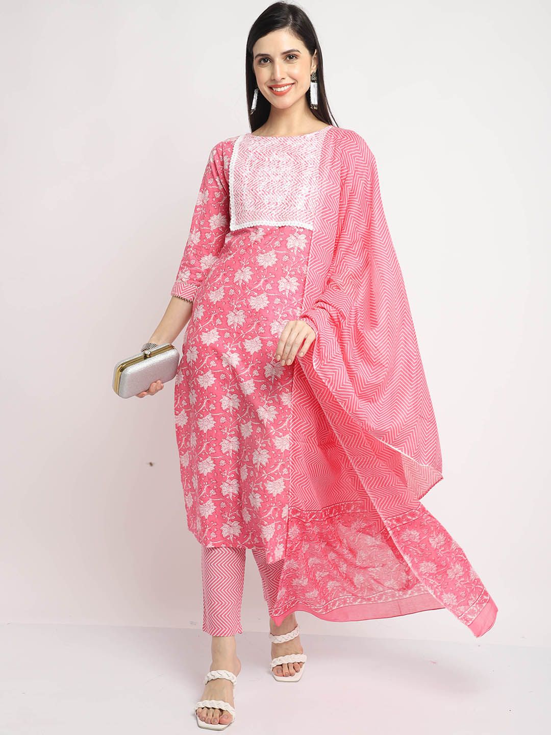 Roly Poly Women Pink Ethnic Motifs Embroidered Regular Thread Work Pure Cotton Kurti with Trousers & With Price in India