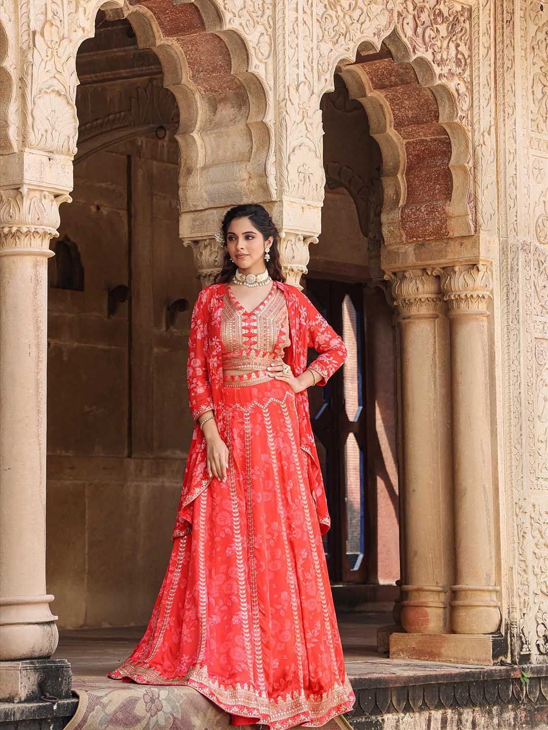 SCAKHI Red & White Embellished Sequinned Kalamkari Ready to Wear Lehenga &