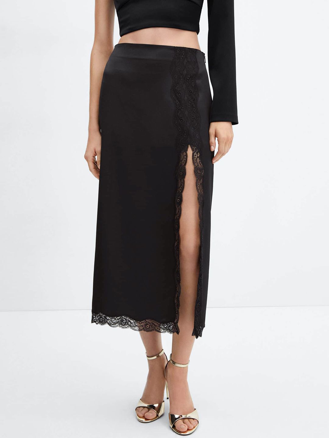Buy MANGO Satin-Finish Lace Insert Midi Skirt with Slit - Skirts