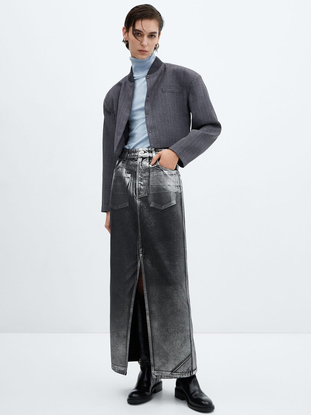 Long Foil Pure Cotton Denim Skirt