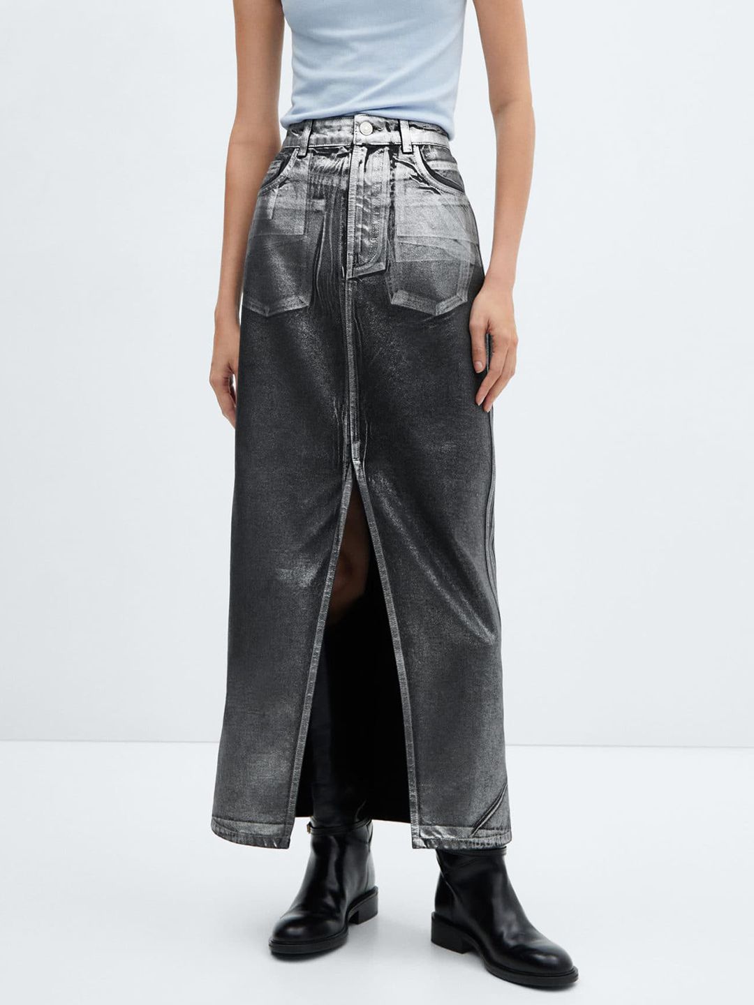 Long Foil Pure Cotton Denim Skirt