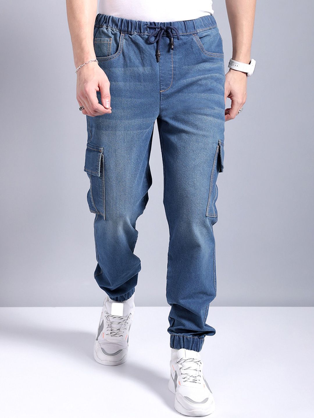 The Indian Garage Co Men Light Fade Stretchable Cargo Denim Joggers