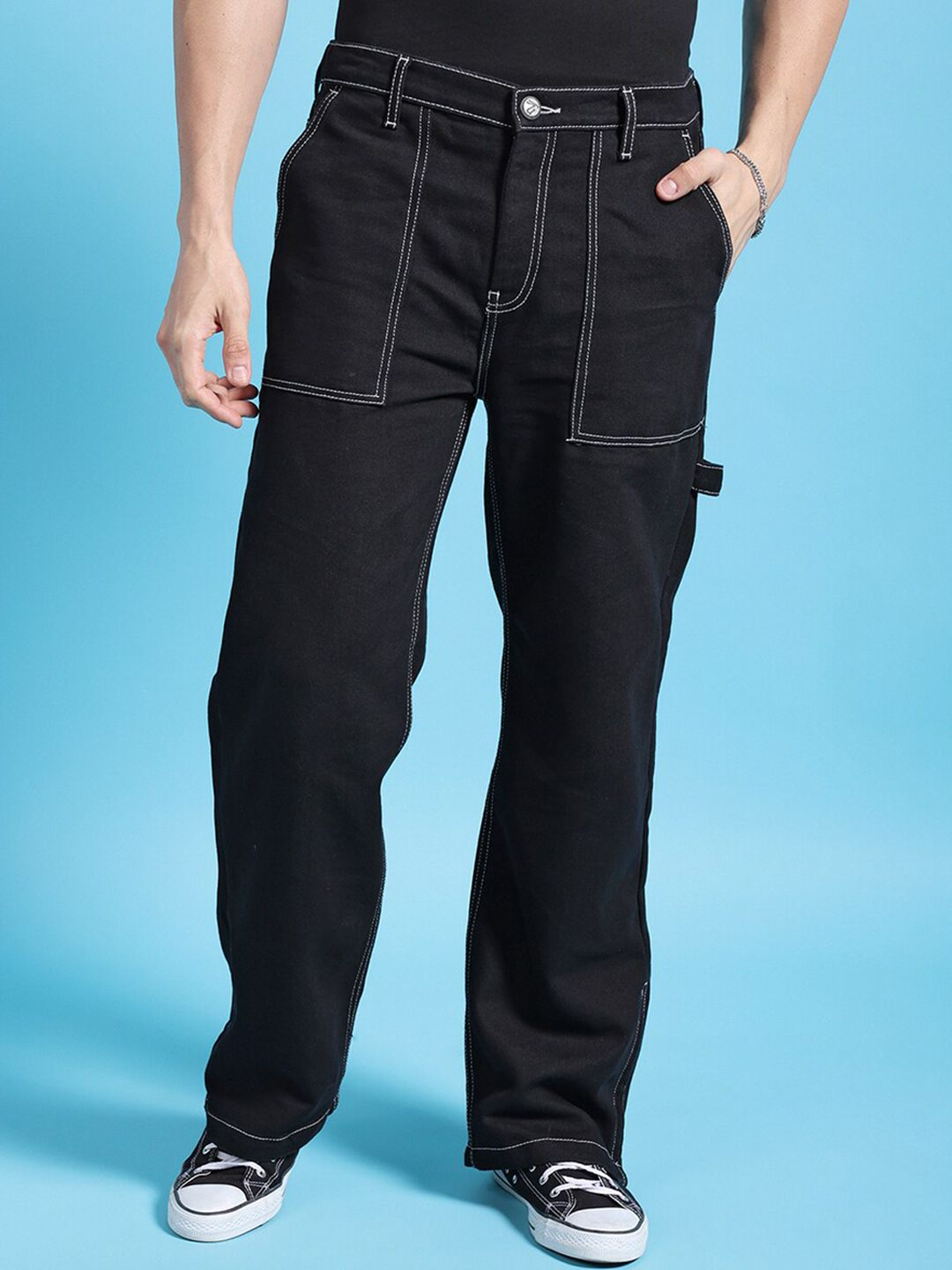 The Indian Garage Co Men Black Baggy Fit Contrast Stitch Clean Look Stretchable Jeans