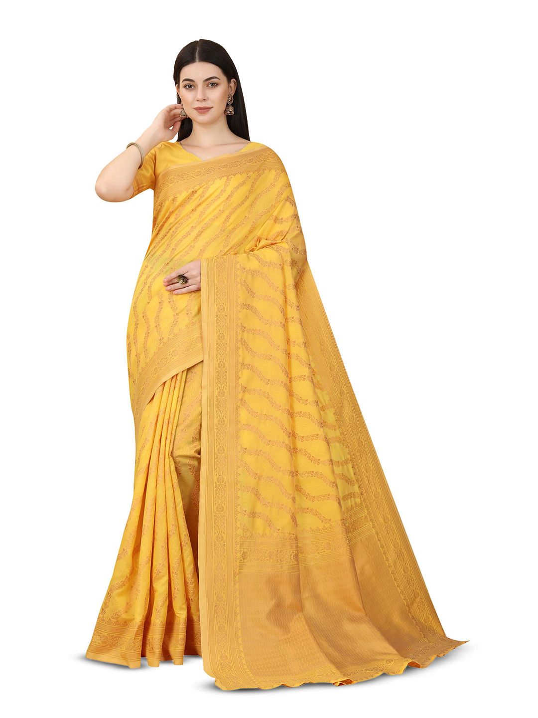 LIMDO Yellow Pure Silk Banarasi Saree Price in India