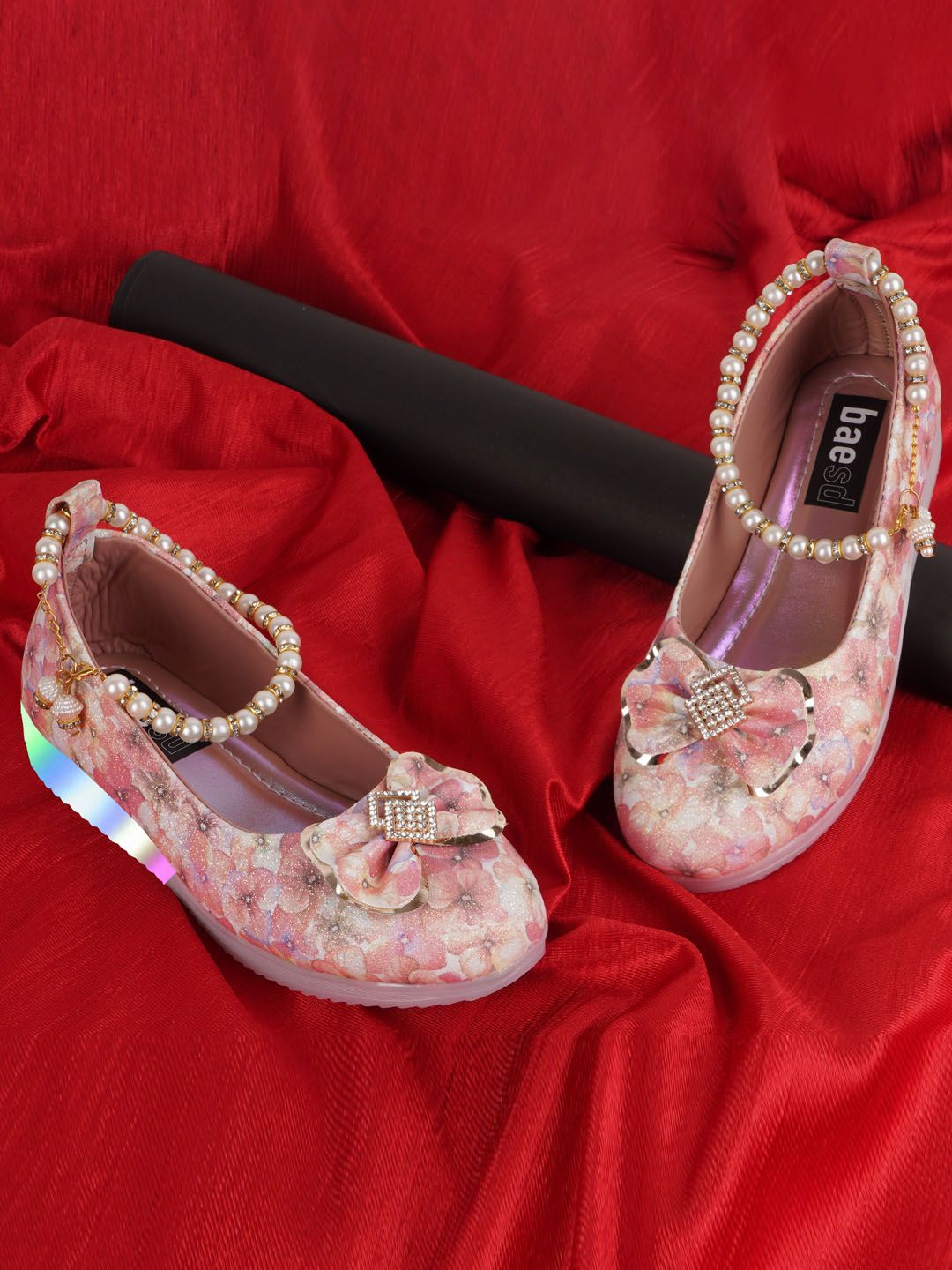 BAESD Girls Peach-Coloured Printed Party Ballerinas with Laser Cuts Flats Price in India