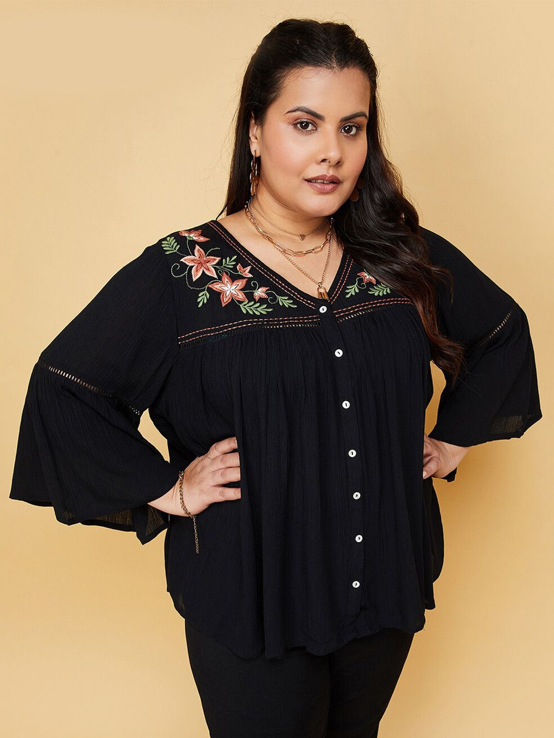 max Plus Size Floral Embroidered Flared Sleeve Top Price in India