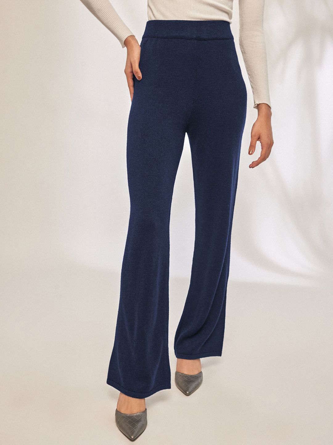 The Label Life Women Navy Blue Straight Fit High-Rise Trousers