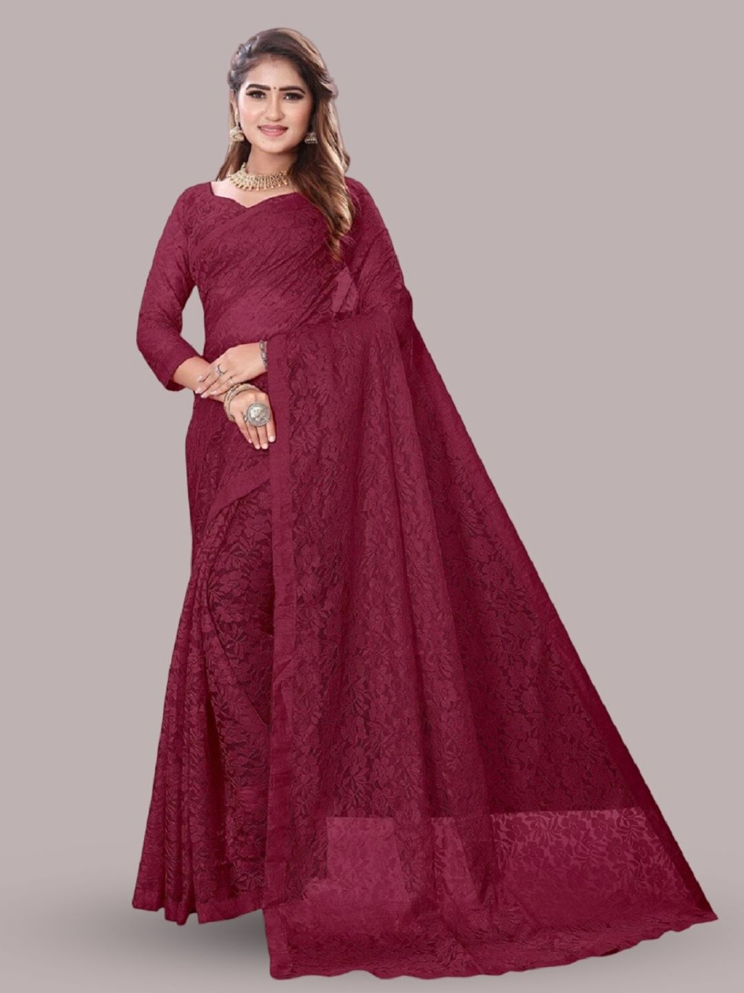 APNISHA Maroon Woven Design Net Saree