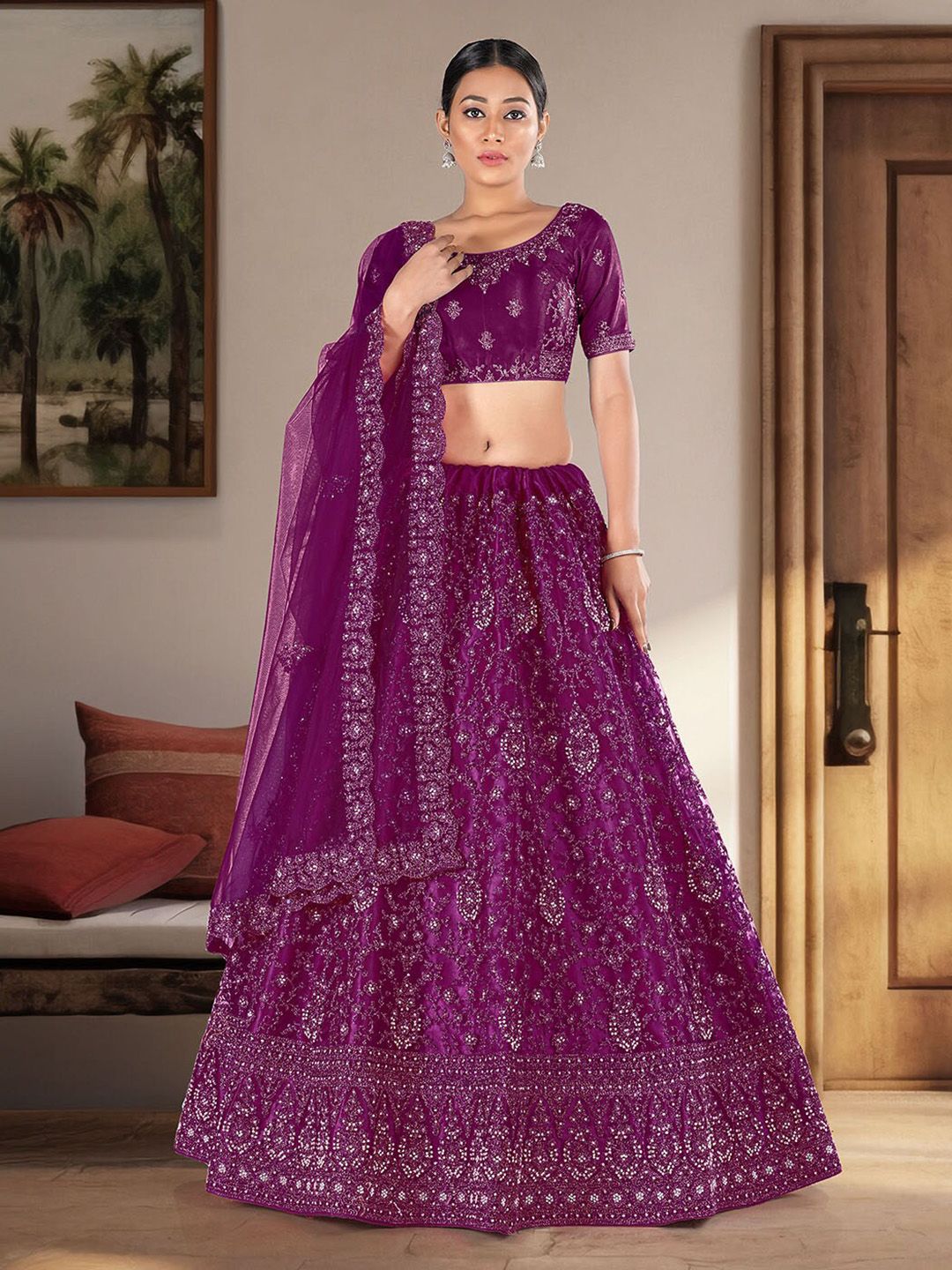 HALFSAREE STUDIO Burgundy & Embroidered Semi-Stitched Lehenga & Unstitched Blouse With Dupatta Price in India