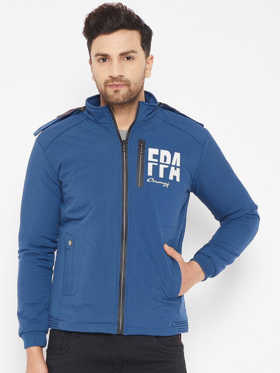 Camey Typography Printed Hooded Neck Long Sleeves Lightweight Bomber Jacket