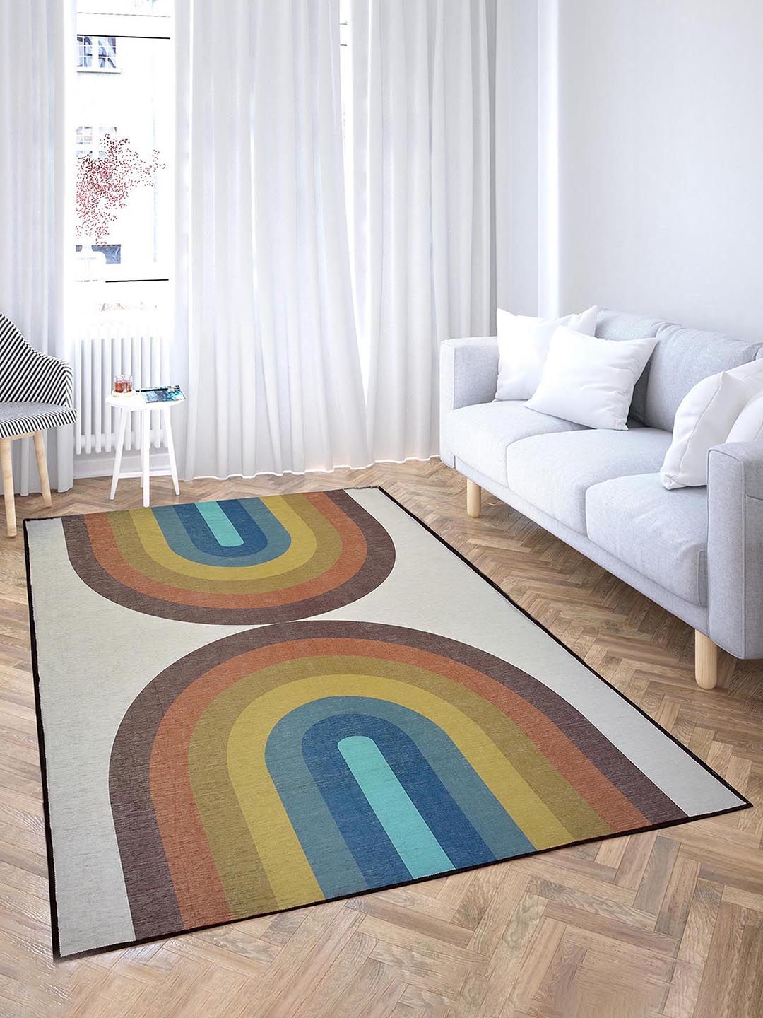 PRESTO PRESTO Brown & Blue Geometric Printed Anti-Skid Carpet