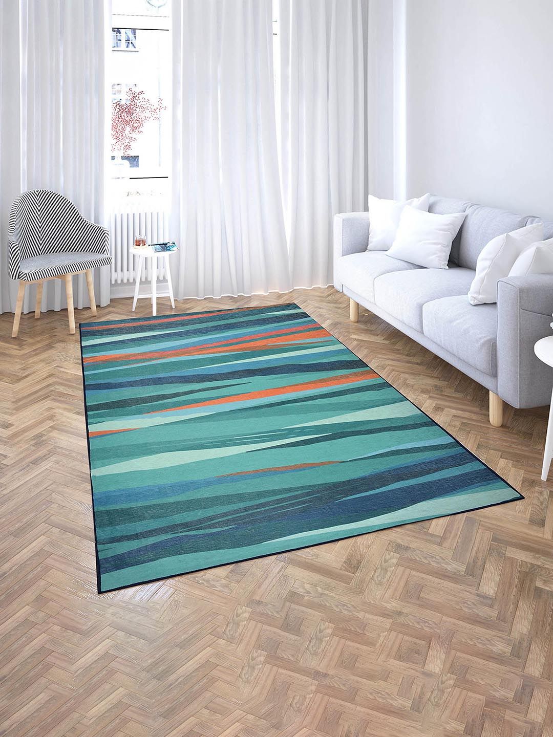 PRESTO PRESTO Orange & Teal Abstract Printed Anti-Skid Carpet