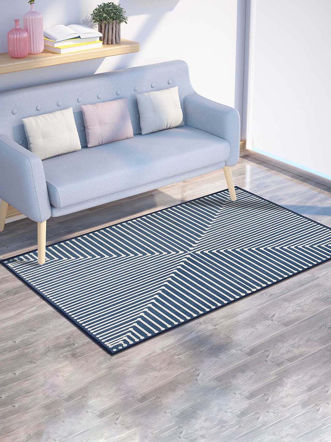 PRESTO PRESTO Blue & White Geometric Print Anti Skid Carpet
