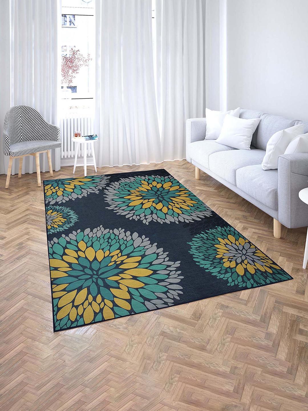 PRESTO PRESTO Blue Floral Print Anti Skid Carpet