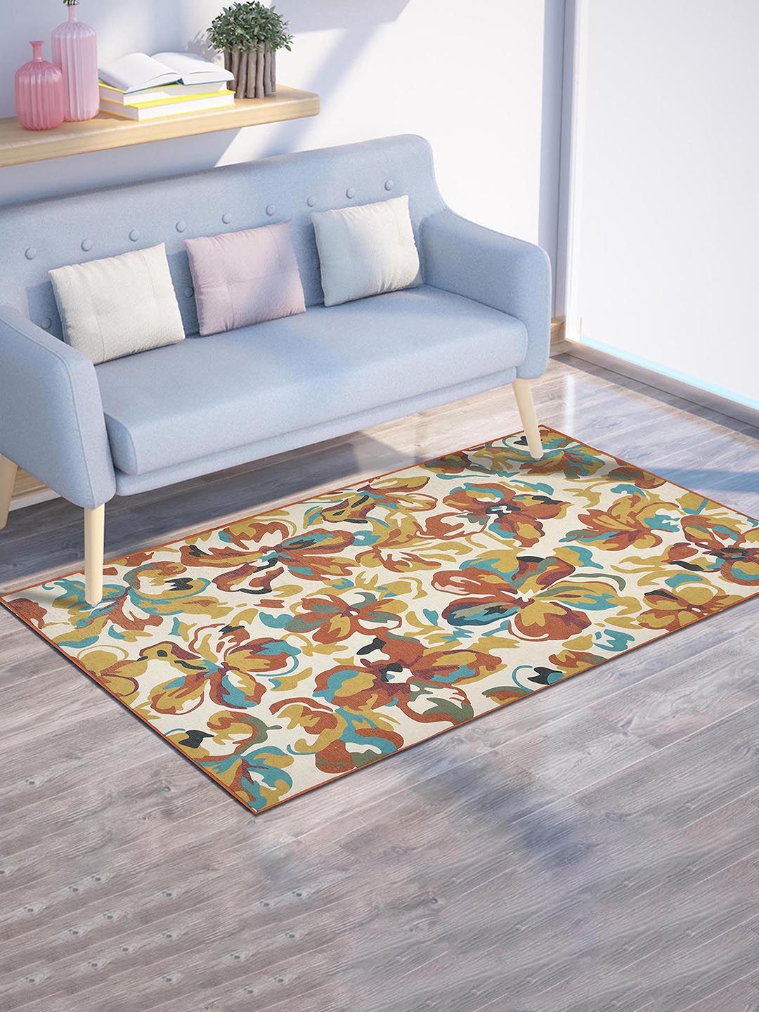PRESTO PRESTO Orange & Beige Floral Printed Anti Skid Carpet