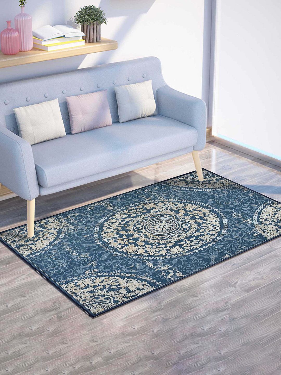 PRESTO PRESTO Blue & Beige Traditional Printed Anti Skid Carpet