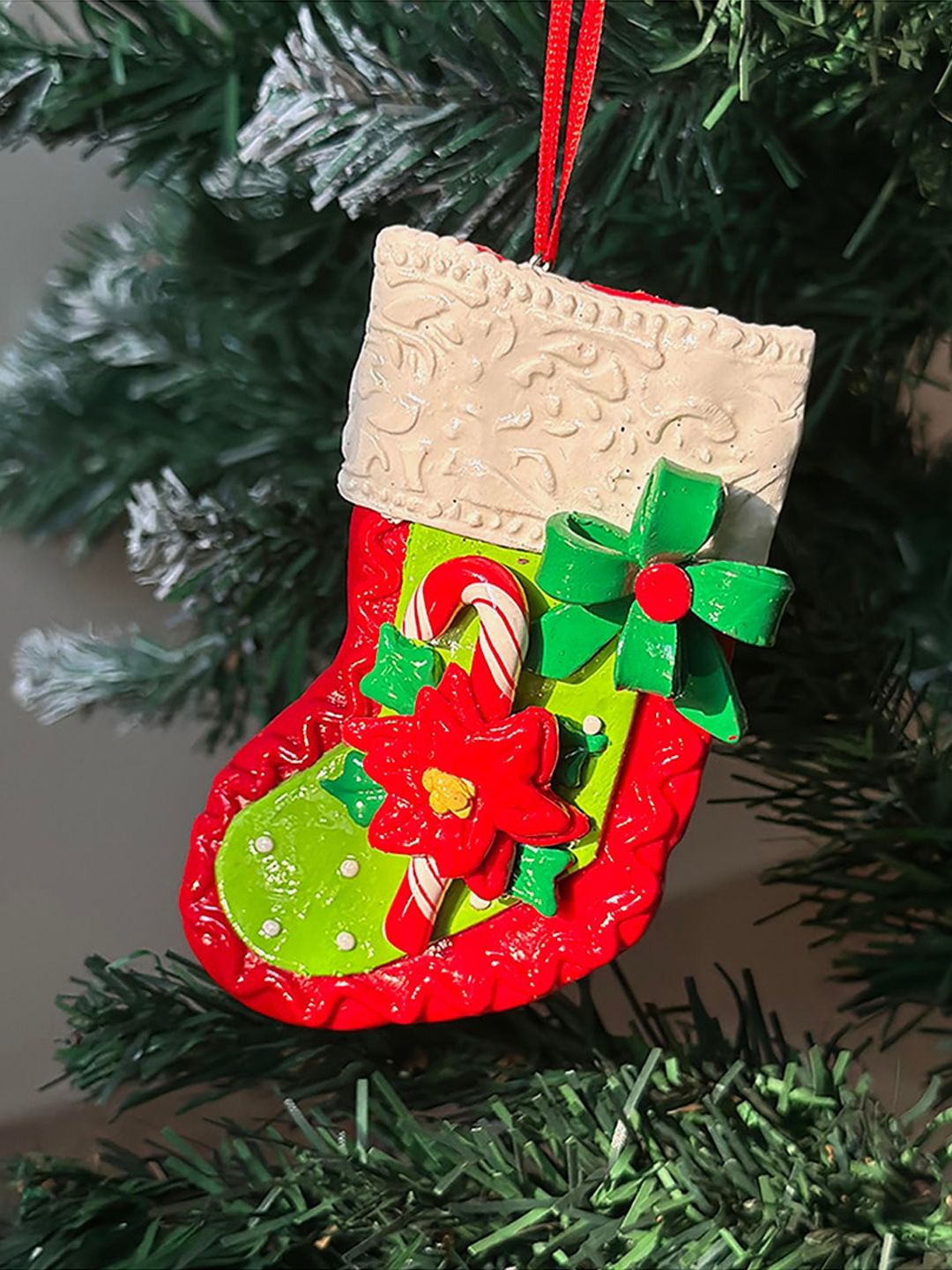 Little Surprise Box Red Handmade Clay Christmas Stocking Shape Tree Ornament