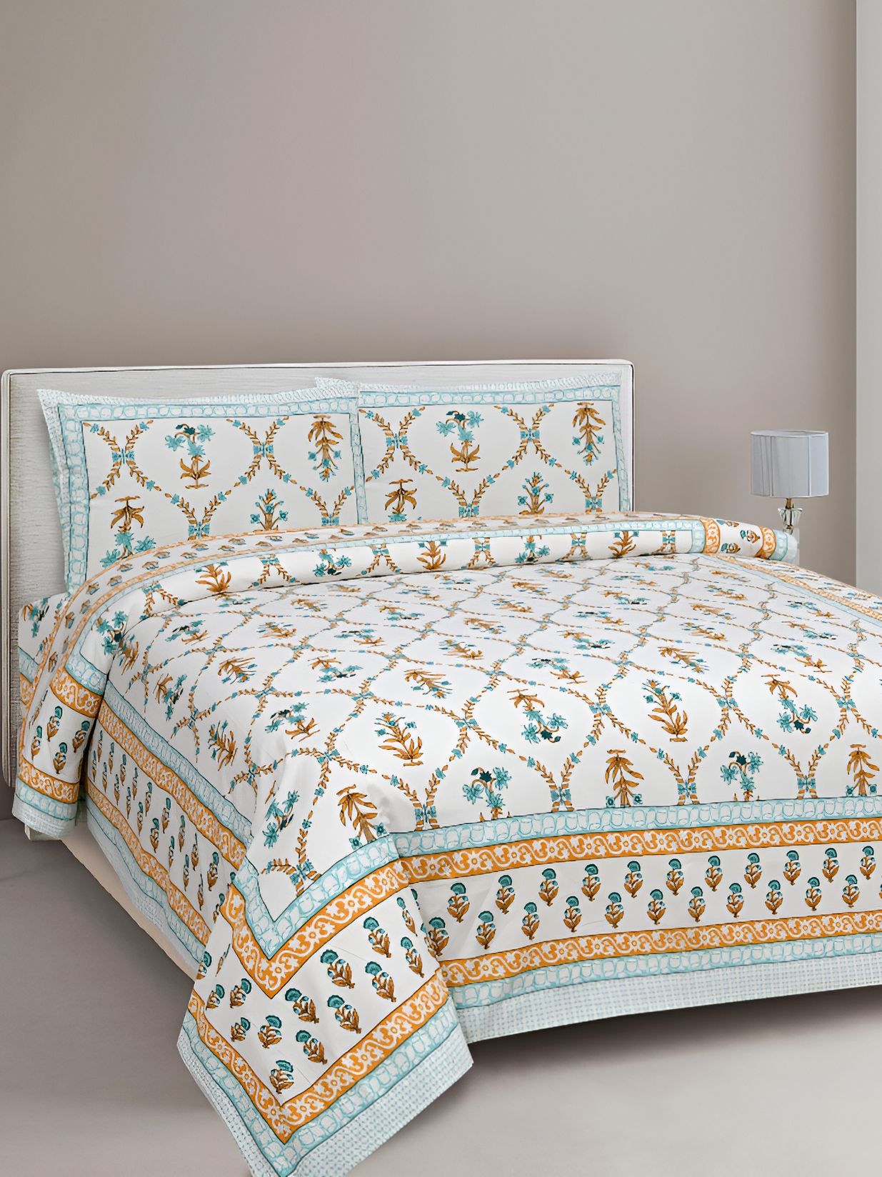 Texstylers White & Blue Floral Cotton 144 TC Queen Bedsheet with 2 Pillow Covers