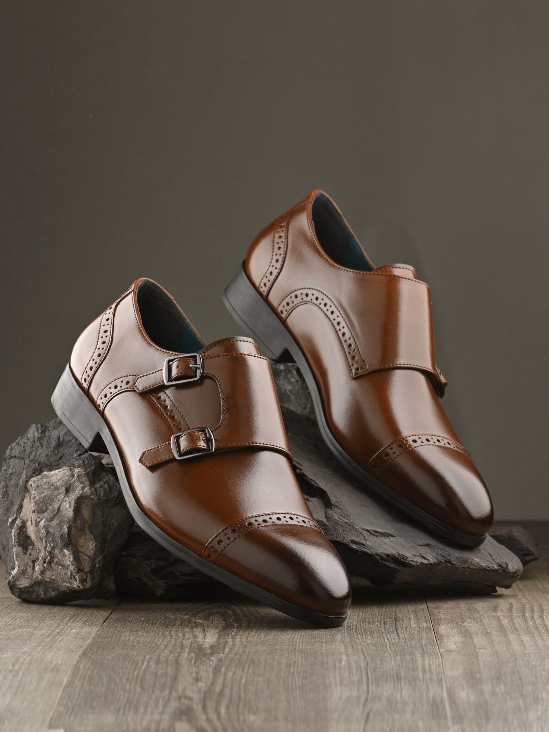 House of Pataudi House of Pataudi Men Tan Synthetic Leather Loafers Slip On Formal Moccasins Monk Shoes