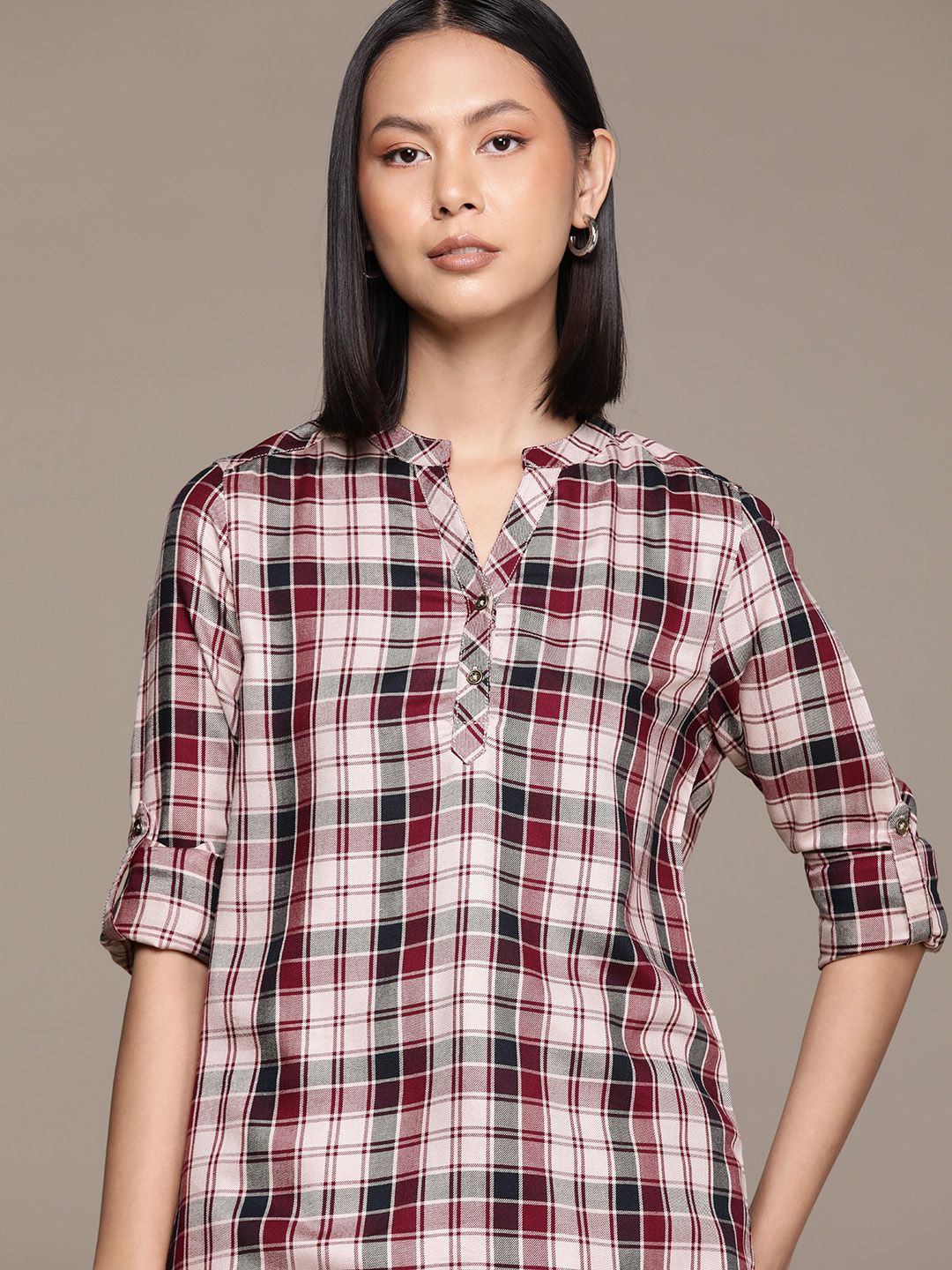 Roadster Checked Mandarin Collar Roll-Up Sleeves Shirt Style Top Price in India